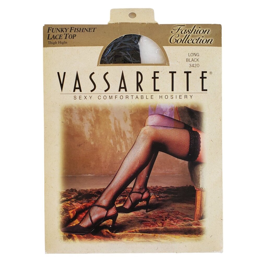 Vassarette Black Lace Top Sexy Long Large Fishnet Stockings Thigh High 3420